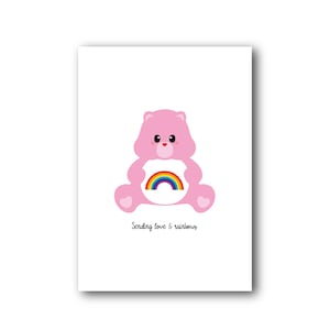 Carte postale Care Bear envoyant une carte d'amour et d'arcs-en-ciel pour les amateurs de jouets des années 80 et 90