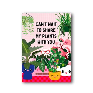 Cartão de planta engraçado vivendo juntos com gato, Cartão de mudança para viciado em plantas, Cartão engraçado senhora de planta maluca, Planta nova casa. Cartão de plantas em movimento.