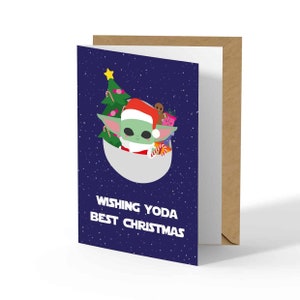 Yoda kerstkaart. Baby Yoda voor elke Star Wars-fan of Mandaloriaanse nerd. Met grappige wens Yo Da beste kersttekst.