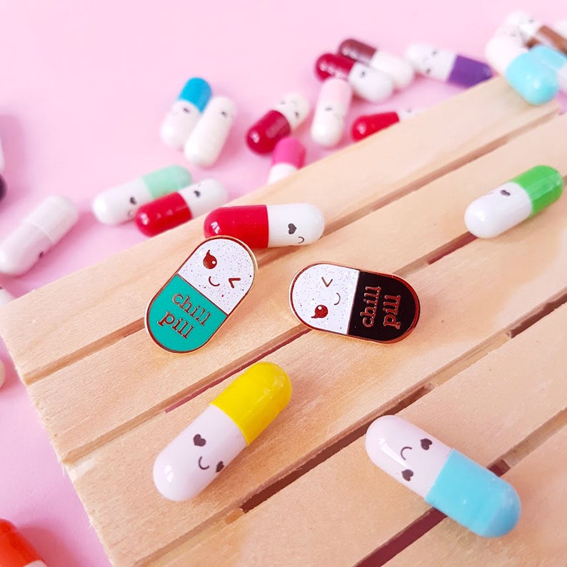 Pharmacy Chill Pill Pin Black With White Glitter. Cute Medical Etsy