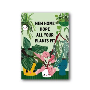 Grappige samenwonende plantenkaart met kat, Verhuiskaart voor plantenverslaafde, Grappige kaart gekke plantendame, Plant nieuw huis. Kaart voor het verplaatsen van planten.
