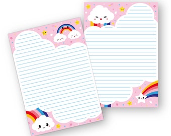 Cute rainbow clouds kawaii letter paper notepad with 50 double sided sheets This writing pad is cute pink pen pal letter stationery set.