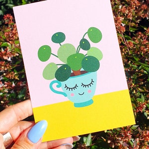 Carte kawaii de plante pilea peperomioides. Grand cadeau de dame folle de plante pour tous les amateurs de plantes d'argent chinois.