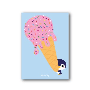 Simpatico pinguino kawaii con gelato rosa e confettini I. Simpatico biglietto quotidiano con pinguino per amanti e amici dei pinguini.