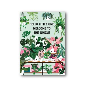 Nouveau bébé bienvenue sur la carte de faire-part de naissance dans la jungle. Plantez une carte de félicitations pour les nouveaux parents. Cadeau de baby shower pour le nouveau papa, la nouvelle maman.