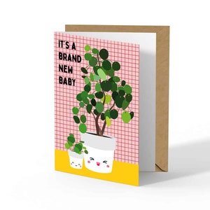 Grußkarte Neues Baby Pilea mit Text Brand neues Baby und 2 Pilea Peperomioides Pflanzen. Super für jede verrückte Pflanzenmama oder Mama.