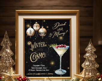 Christmas Cocktail Sign, Signature Drink, Holiday Party Bar Menu, Winter Cosmopolitan, Family Gathering, Friendsmas