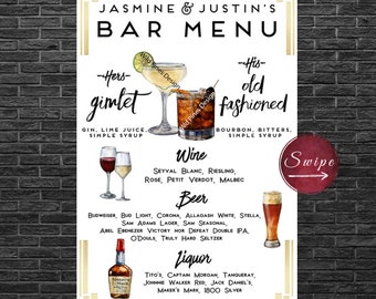 Wedding Signature Drinks Bar Menu, Art Deco Wedding, His Hers Signature Cocktails, Cocktail Sign, Gatsby Wedding, Signature Libations, Gold