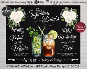 Signature Drinks Sign Wedding Printable, Signature Cocktails, Wedding Bar Menu, Couples Cocktails, His Hers Drinks, Olive Leaves, Custom