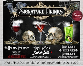 Halloween Drink Sign Printable, Halloween Cocktail Drinks, Halloween Bar Menu, Halloween Party Drinks, Gothic Wedding, Bride Groom Skull