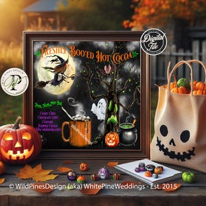 Halloween Hot Cocoa Sign, Kids Halloween Party, Hot Cocoa Bar, Pumpkins, Ghosts, Flying Witch, Fun Halloween Party Decor, Hot Chocolate Bar