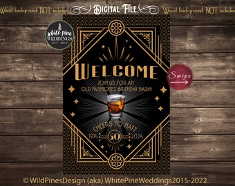 Welcome Birthday Sign Printable, Old Fashioned Drink, Cheers Birthday Sign, Whiskey Drink, Birthday Bar Sign, Art Deco, Prohibition Party