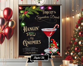 Custom Christmas Cocktail Sign or Purchase as shown, Signature Drink, Holiday Party Bar Menu, Christmas Gnome, Peppermint Martini