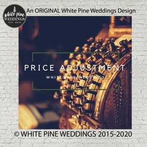 May include: A vintage cash register with the text "PRICE ADJUSTMENT" and "WHITE PINE WEDDINGS" on it. The cash register is made of gold metal and has a worn, antique look. The image is set against a white brick background.