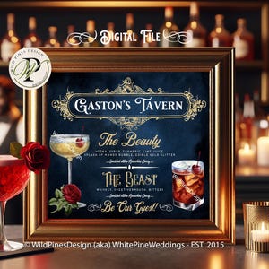 Wedding Signature Drinks Printable Sign, Enchanted Rose, Belle Beauty, Signature Cocktails, His Hers Drink Menu, Tavern, Disney Wedding