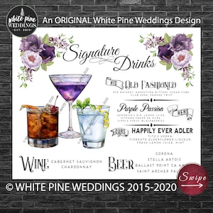 Wedding Signature Drinks, Signature Cocktails, Bar Menu, Custom Drinks, Custom Floral, Couples Wedding Drinks, Purple Wedding Decor