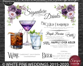Wedding Signature Drinks, Signature Cocktails, Bar Menu, Custom Drinks, Custom Floral, Couples Wedding Drinks, Purple Wedding Decor
