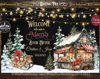 Christmas Wedding Welcome Sign, Winter Wedding Welcome, Christmas Market Stall, White Christmas Wedding, Christmas Tree, Evergreen Trees