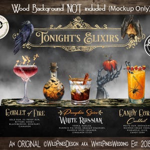 May include: Digital file featuring Halloween-themed cocktails. The image showcases four cocktails: Goblet of Fire, Pumpkin Spice White Russian, and Candy Corn Cocktail. Decorative elements include a raven, bat, and a skeletal hand holding a pumpkin. Text reads "Tonight's Elixirs."