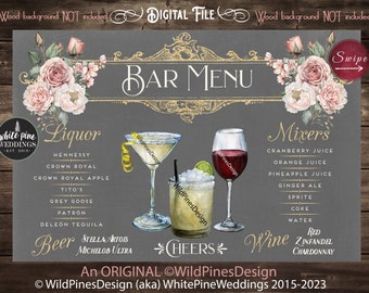 Wedding Bar Menu Sign Printable, Signature Drinks, Liquor Menu, Alcohol Bar Menu, Couples Bar Menu, Art Deco, Blush Pink Grey Wedding, Gray