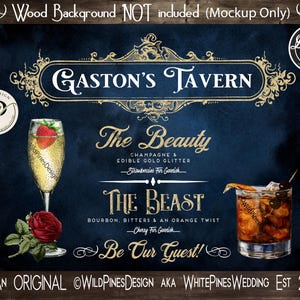 May include: Digital file featuring a navy blue background with gold accents and text. The design includes the words "Gaston's Tavern" and illustrations of two cocktails, "The Beauty" and "The Beast." A strawberry garnish and a rose are also shown.