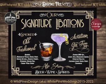 Wedding Signature Drinks Sign Printable, Signature Libations, Prohibition Cocktails, Art Deco Wedding Drink Sign, His Hers Cocktails, Gold