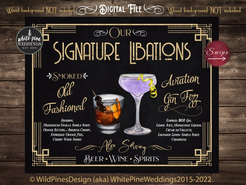 Wedding Signature Drinks Sign Printable, Signature Libations, Prohibition Cocktails, Art Deco Wedding Drink Sign, His Hers Cocktails, Gold image 1