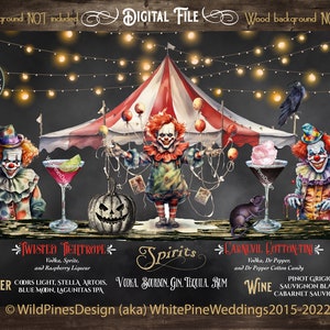 Halloween Drink Sign Printable, Spooky Carnival Halloween, Halloween Cocktails, Halloween Party Drinks, Halloween Clowns, Halloween Bar Menu