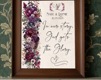 Wedding Welcome Sign Printable, Christian Wedding, Purple Floral, Faith Design, Wedding Monogram, God, Jesus