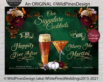 Wedding Signature Drinks Sign Printable, Fall Wedding, His Hers Drink Sign, Couples Signature Drinks, Custom Bar Menu, Emerald Green Wedding