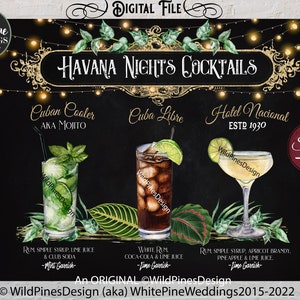 Signature Drinks Sign Printable, Havana Nights Wedding Theme, Mojito, Bar Menu, Havana Nights Birthday, Party Cocktails, Tropical Wedding