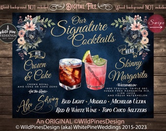 Wedding Signature Drinks Sign Printable, Blue Floral Wedding, Signature Cocktails, His Hers Drink Sign, Couples Drink Sign, Blue Blush Gold