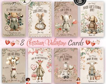 Valentine Christian Bible Verses, Kids Party, Scripture Cards, Woodland Animals, Instant Download