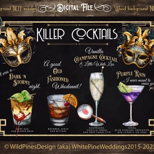 Puede incluir: Un letrero negro de pizarra con detalles dorados y un tema de mascarada. El letrero enumera diferentes cócteles con sus ingredientes y nombres como "Dark 'n Stormy", "Old Fashioned", "Vanilla Champagne Cocktail" y "Purple Rain".