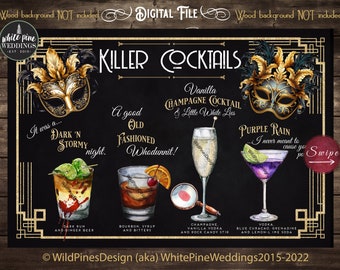 Murder Mystery Party Drinks, Signature Cocktails, Masquerade Party Cocktails, Halloween Bar Menu, Art Deco Drink Sign, Halloween Drinks