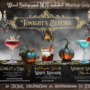 May include: A digital print featuring a dark background with the text "Tonight's Elixirs" and illustrations of cocktails, pumpkins, and a bat. The print includes recipes for "Goblet of Fire", "Pumpkin Spice White Russian", and "Midnight Moon Martini".