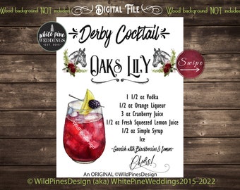 Kentucky Derby Drink Sign, Derby Cocktail, Oaks Lily Drink, Kentucky Derby Party Decor, Derby Bar Menu, Oaks Lily Recipe Card