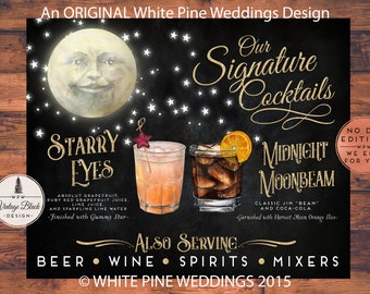 Wedding Signature Drinks Sign Printable, Prohibition Cocktails, Signature Libations, Art Deco Wedding Bar Menu, Vintage Moon, Starry Night