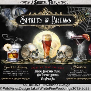 May include: Digital file featuring a spooky Halloween-themed bar sign with cocktails, skulls, and the text "Spirits & Brews." Includes drink recipes and a "Swipe" button. The background is black with a full moon.