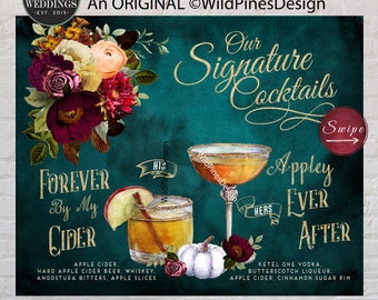 Wedding Signature Drinks Sign Printable, Fall Wedding, His Hers Drink Sign, Couples Signature Drinks, Custom Bar Menu, Dark Teal Wedding