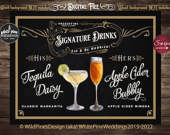 Wedding Signature Drinks Sign Printable, Signature Libations, Prohibition Cocktails, Art Deco Wedding Drink Sign, His Hers Cocktails, Gold