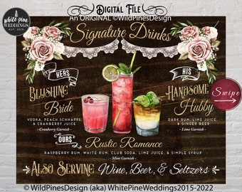 Wedding Signature Drink Sign Printable, His Hers Signature Cocktails, Rustic Bar Menu, Couples Wedding Cocktails, Dark Wood, Blush Gold