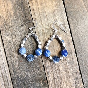 Sodalite and silver bead dangle hoop earrings
