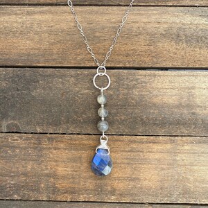 Labradorite Y Necklace- Labradorite teardrop and beads with sterling silver