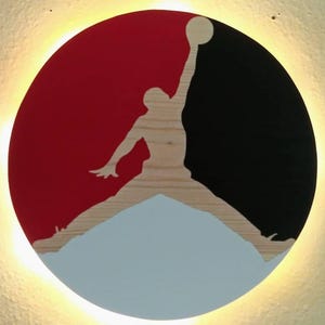Nike Air Jordan Jumpman fan art multi-color LED backlit wooden sign. 11&quot; diameter.