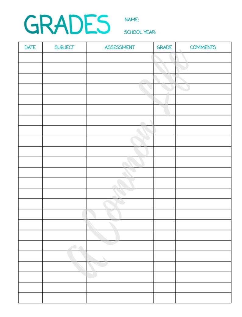 Grade Sheet Homeschool Record Keeping Grade Keeping Etsy