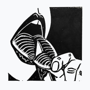 For Sneaks linocut print
