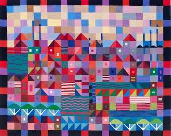 A New Day Tapestry - Handwoven Fiber Art, Geometric Townscape