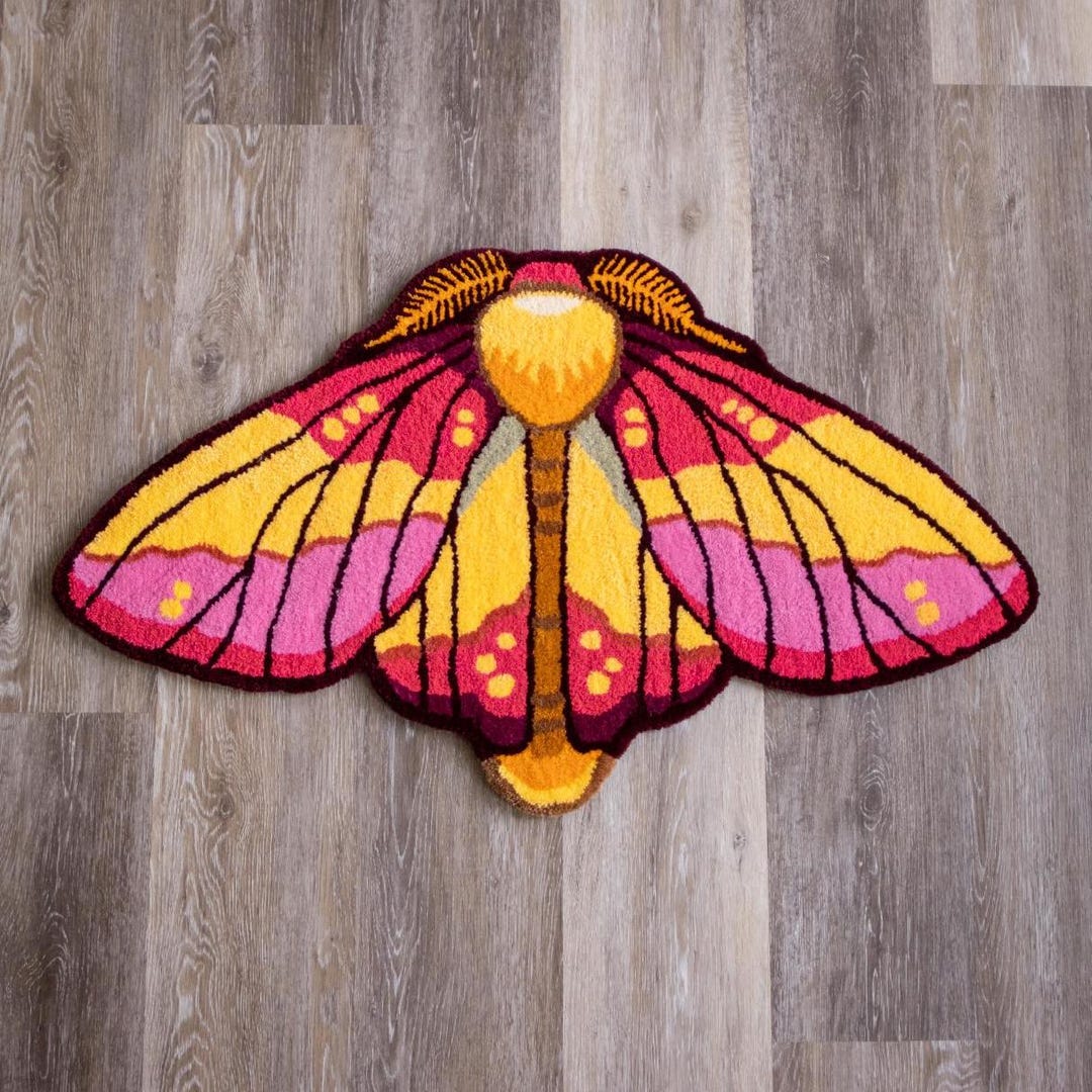 Moth Area Rug MTO Handmade Rosy Maple Moth Rug - Original Design - ADDED BACKGROUND ...
