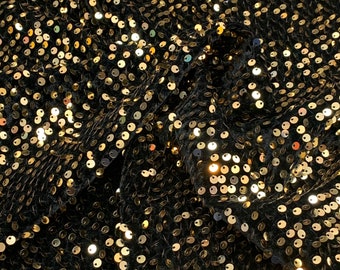 Light Gold Dangling 5mm Sequins on Black velvet stretch fabric sold by yard. 2 way Stretch Fabric 60”wide